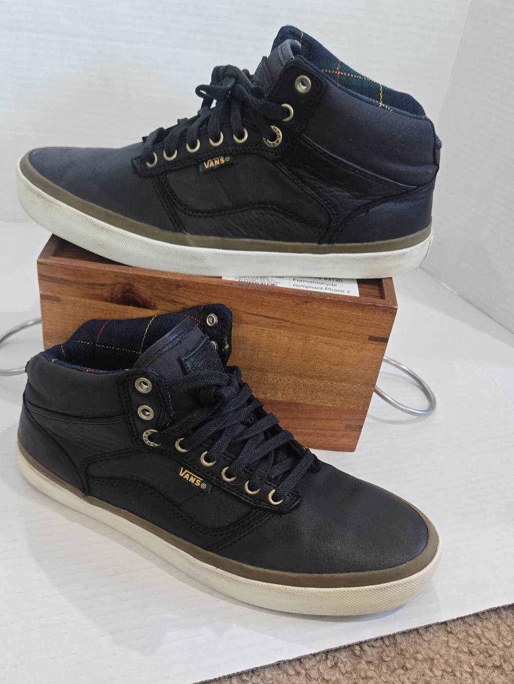 Vans Men’s Black Leather High-Top Sneakers with Cream Sole